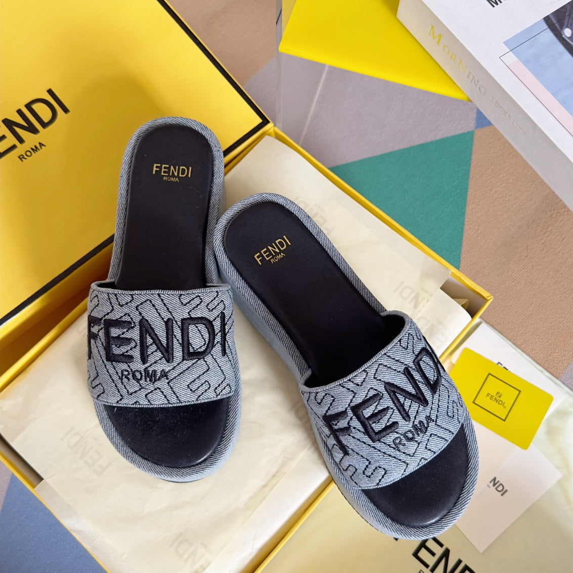FENDI FF Monogram Sunshine 65 Black Grey Fabric Slide