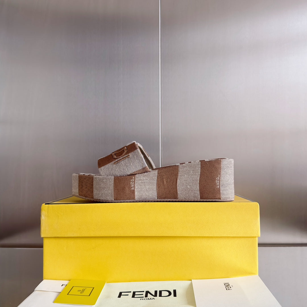 FENDI FF Sunshine 65 Light Brown Grey Canvas Flatform Slide