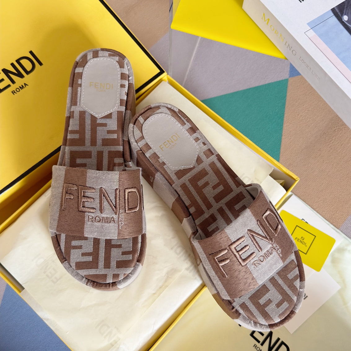 FENDI FF Sunshine 65 Light Brown Grey Canvas Flatform Slide