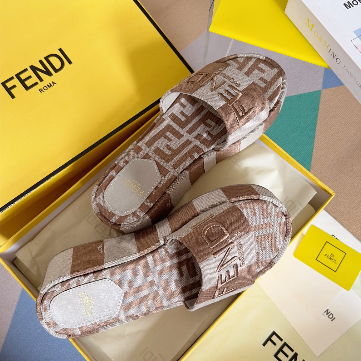 FENDI FF Sunshine 65 Light Brown Grey Canvas Flatform Slide