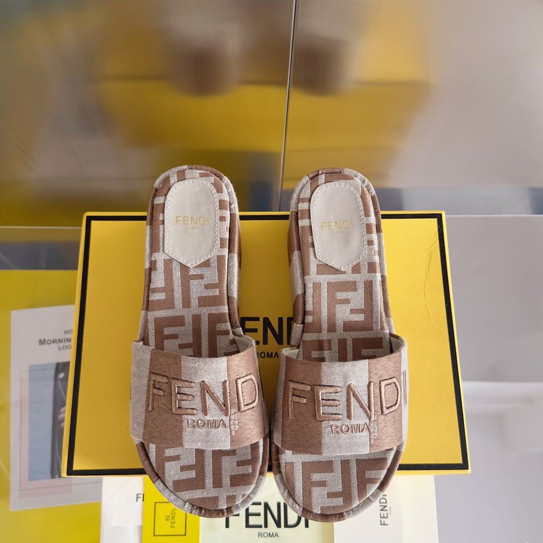 FENDI FF Sunshine 65 Light Brown Grey Canvas Flatform Slide