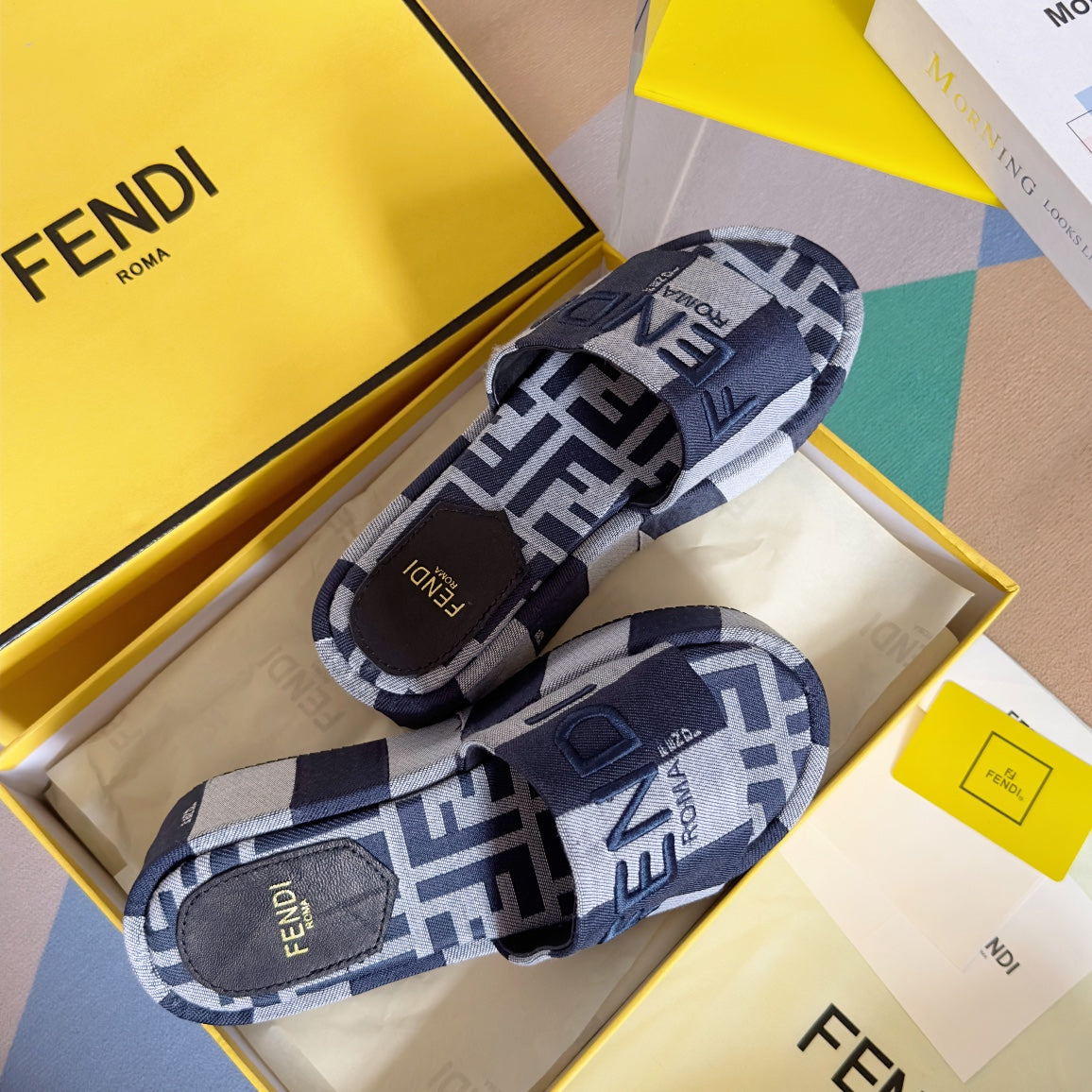 FENDI FF Sunshine 65 Blue Dark Grey Canvas Flatform Slide