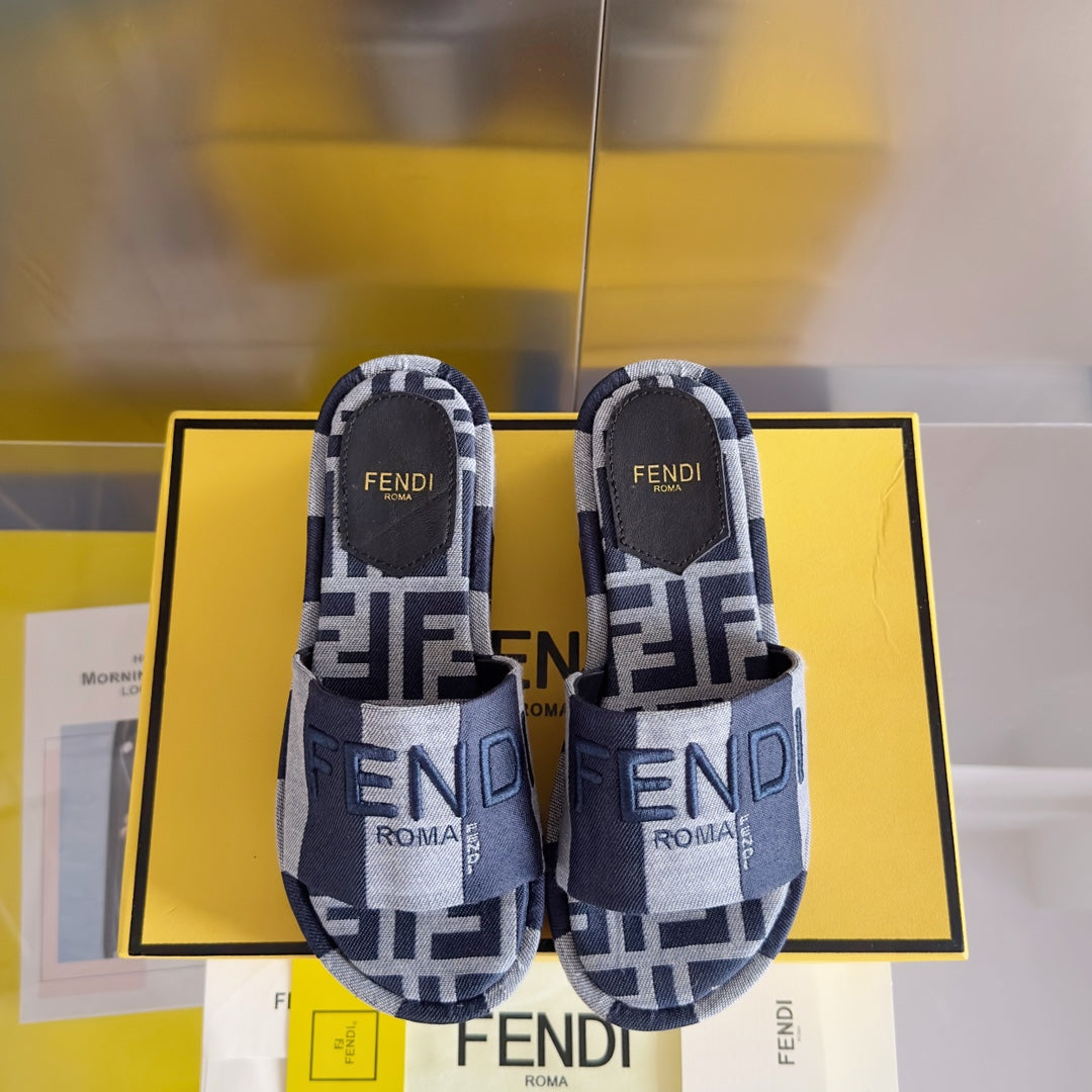 FENDI FF Sunshine 65 Blue Dark Grey Canvas Flatform Slide