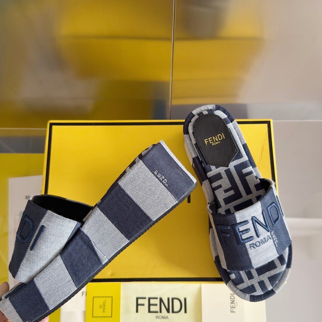 FENDI FF Sunshine 65 Blue Dark Grey Canvas Flatform Slide