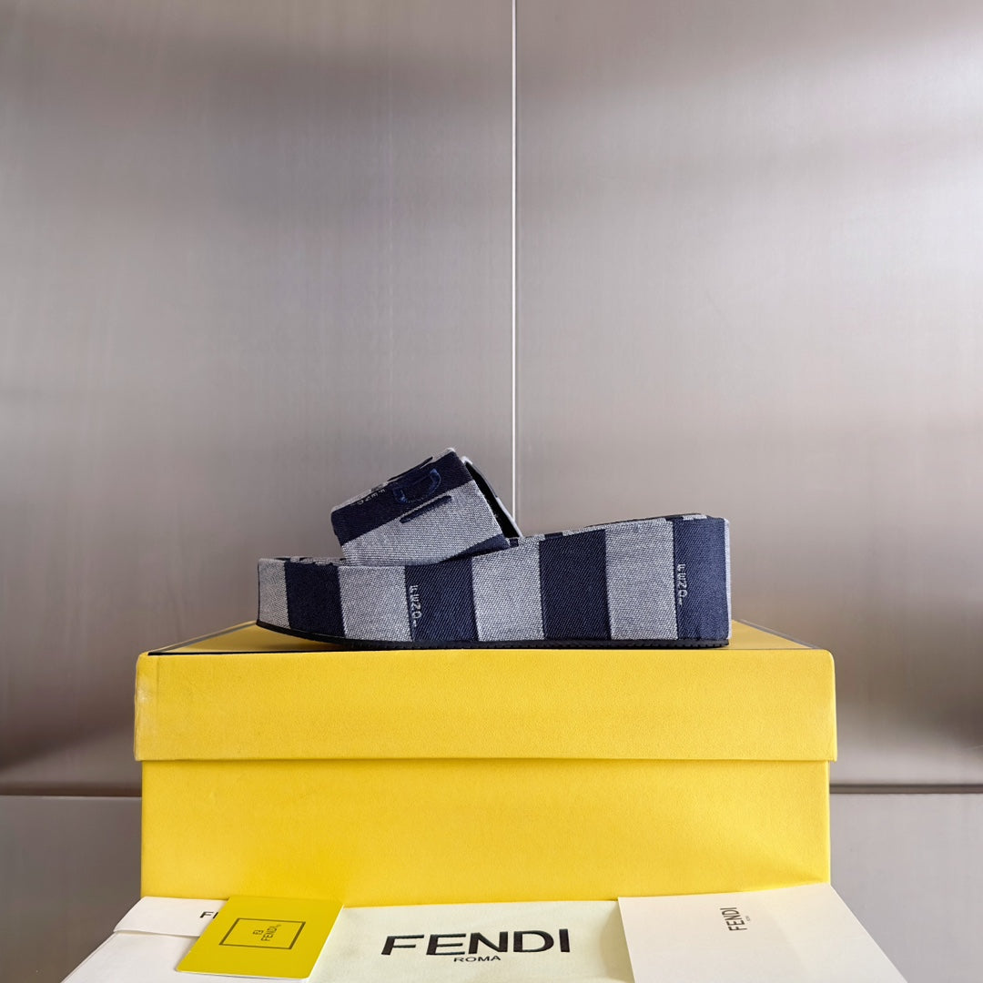 FENDI FF Sunshine 65 Blue Dark Grey Canvas Flatform Slide