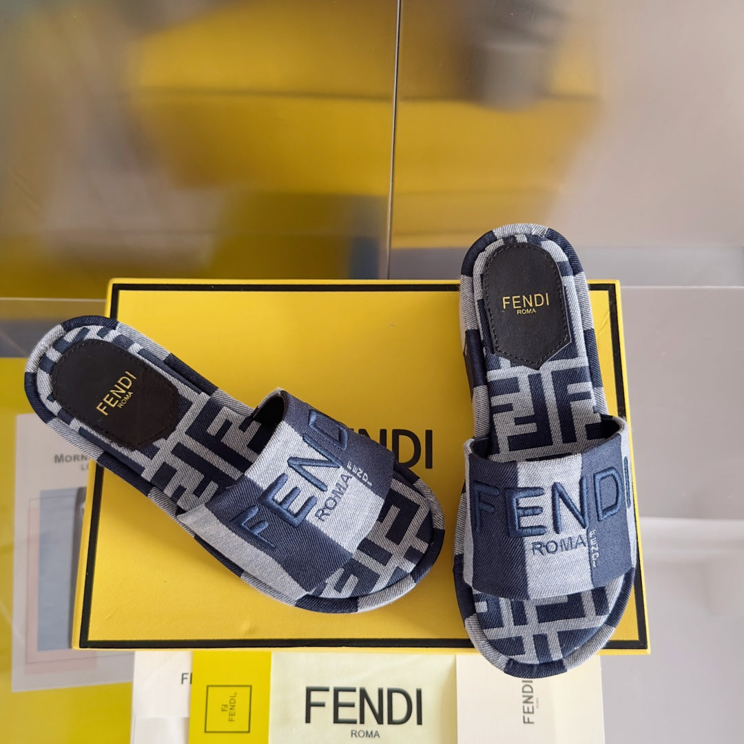FENDI FF Sunshine 65 Blue Dark Grey Canvas Flatform Slide