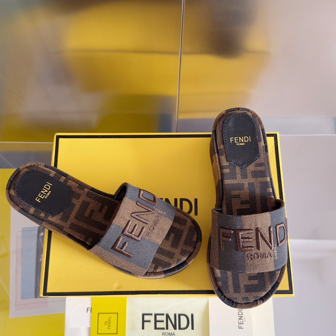 FENDI FF Sunshine 65 Black Brown Canvas Flatform Slide