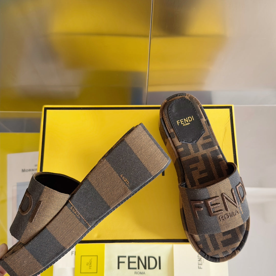 FENDI FF Sunshine 65 Black Brown Canvas Flatform Slide