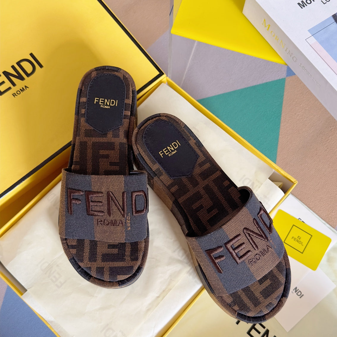 FENDI FF Sunshine 65 Black Brown Canvas Flatform Slide
