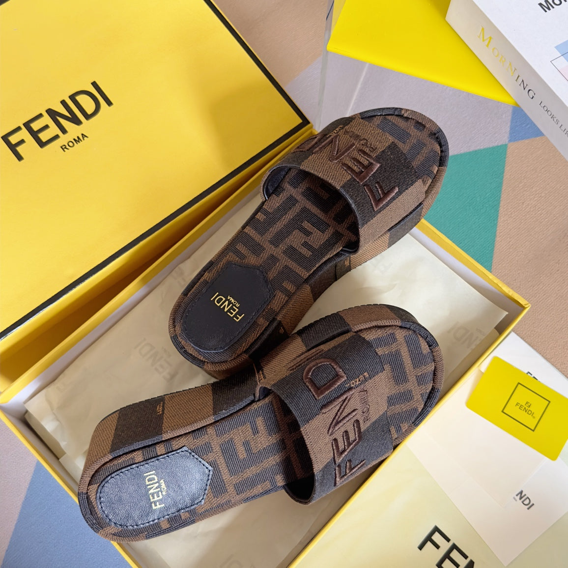 FENDI FF Sunshine 65 Black Brown Canvas Flatform Slide