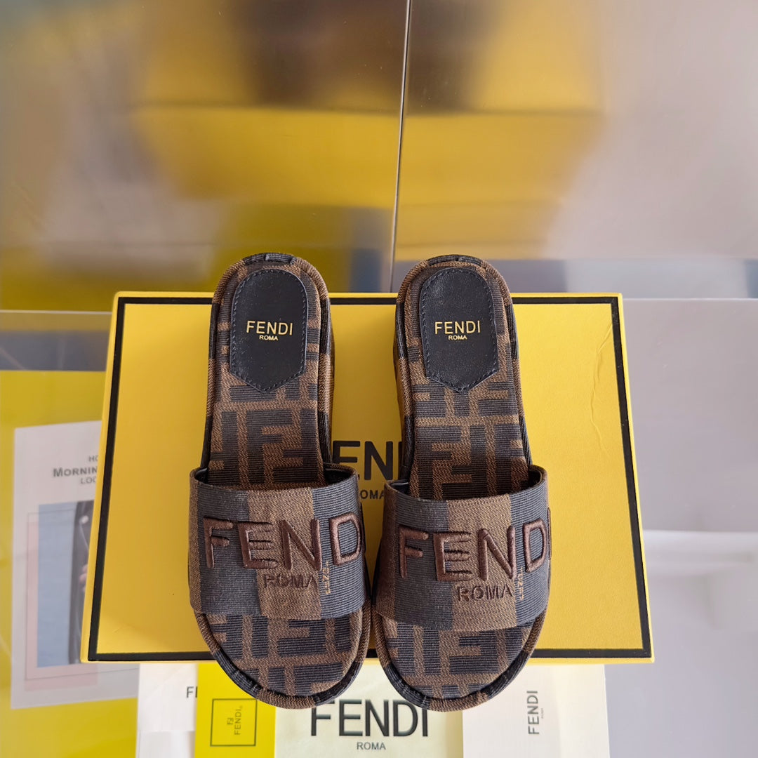 FENDI FF Sunshine 65 Black Brown Canvas Flatform Slide