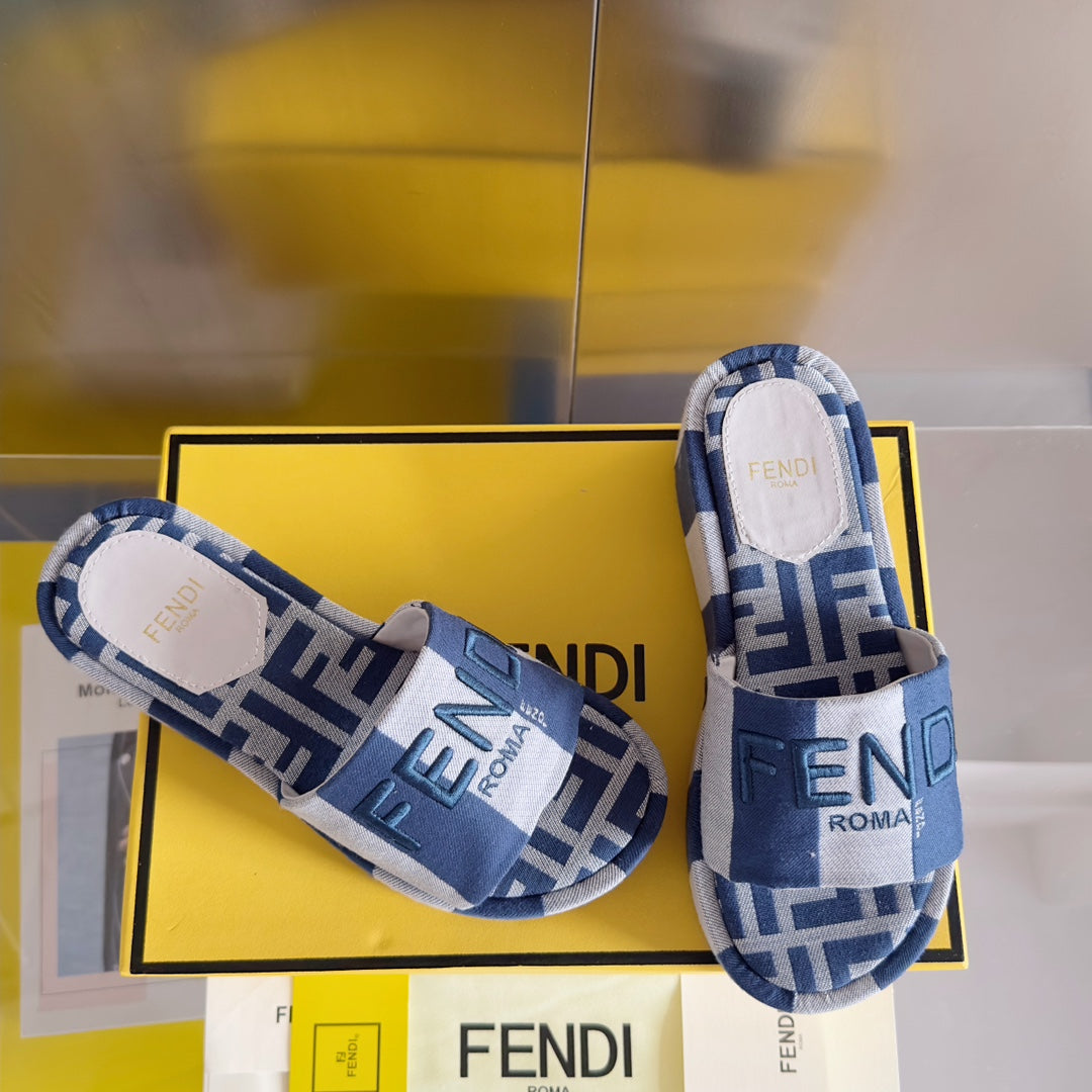 FENDI FF Sunshine 65 Blue Grey Canvas Flatform Slide