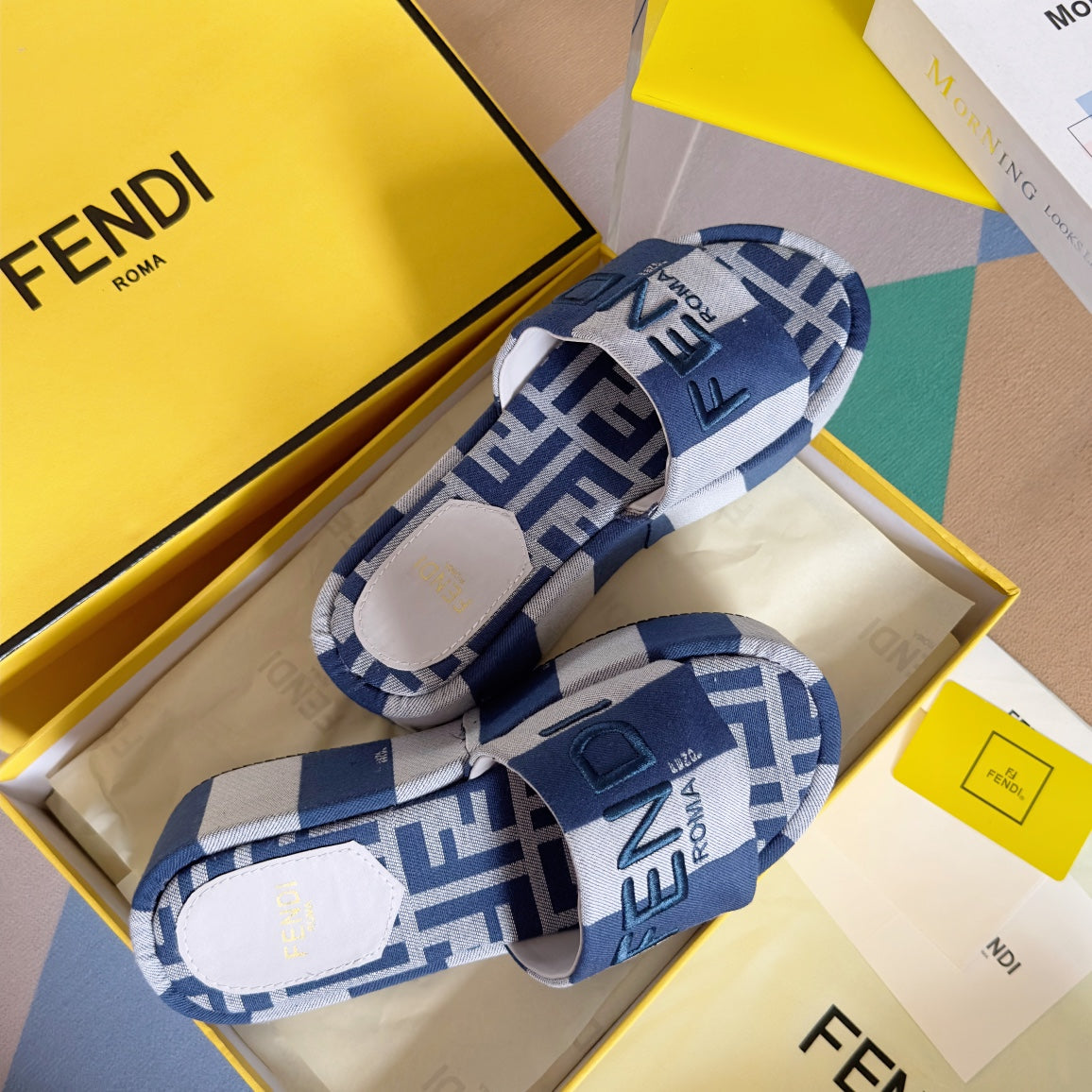 FENDI FF Sunshine 65 Blue Grey Canvas Flatform Slide