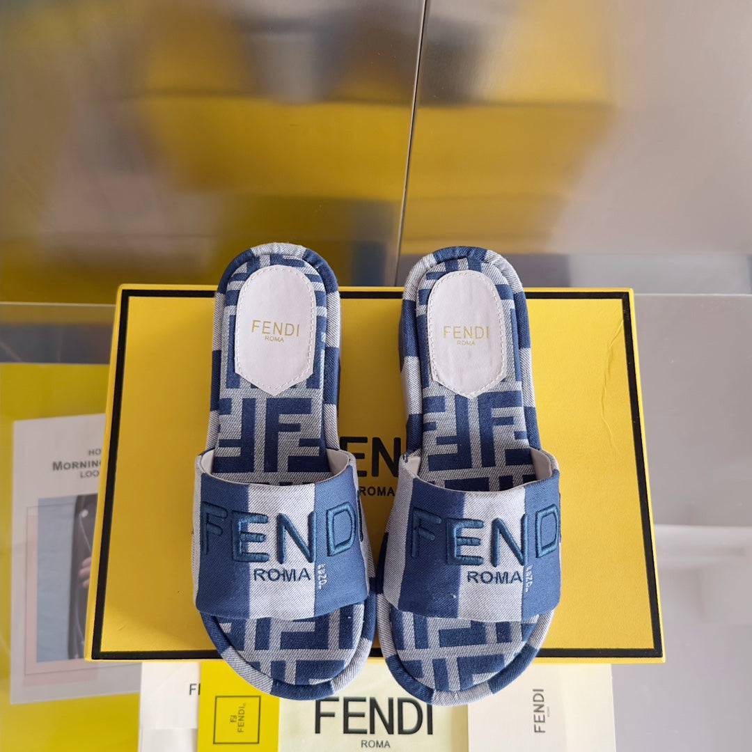 FENDI FF Sunshine 65 Blue Grey Canvas Flatform Slide