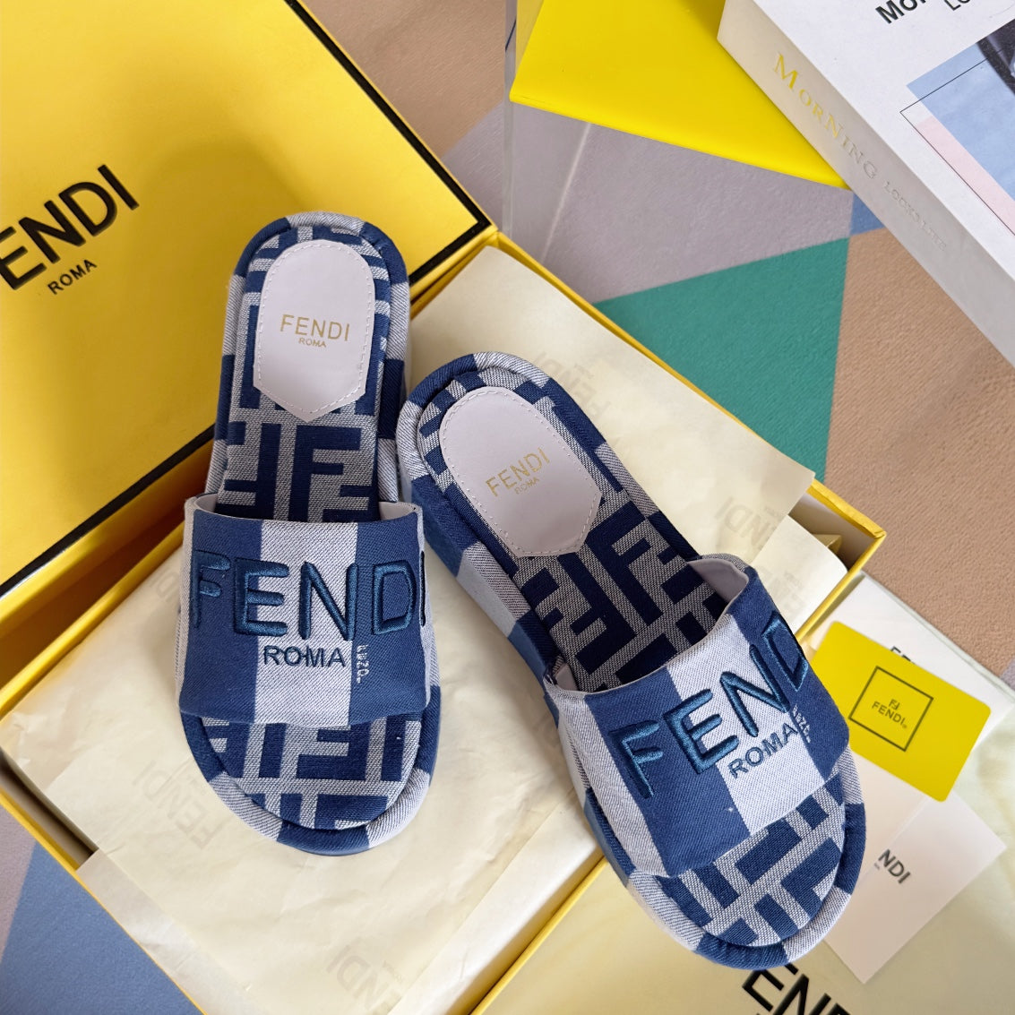 FENDI FF Sunshine 65 Blue Grey Canvas Flatform Slide