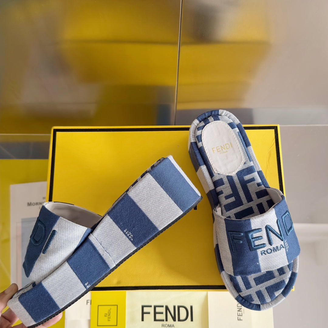 FENDI FF Sunshine 65 Blue Grey Canvas Flatform Slide