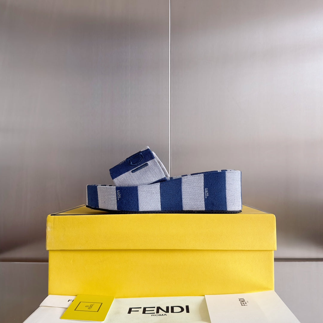 FENDI FF Sunshine 65 Blue Grey Canvas Flatform Slide
