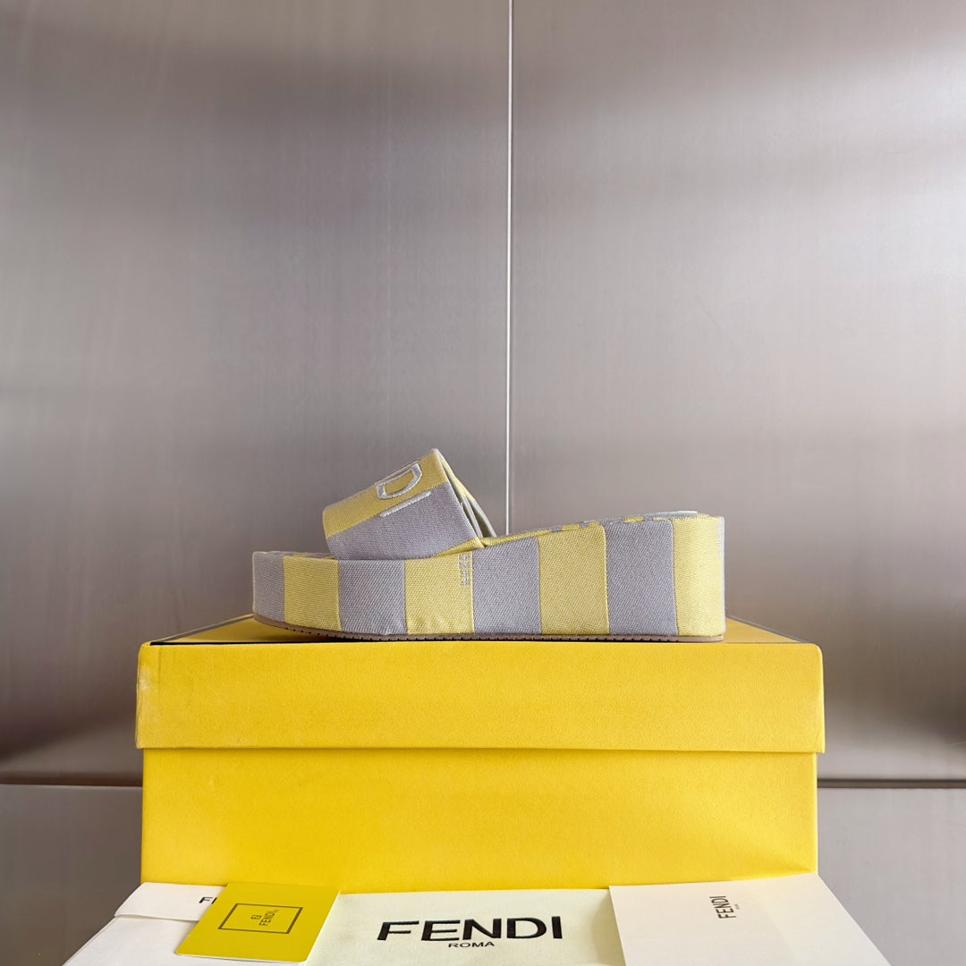 FENDI FF Sunshine 65 Yellow Grey Canvas Flatform Slide