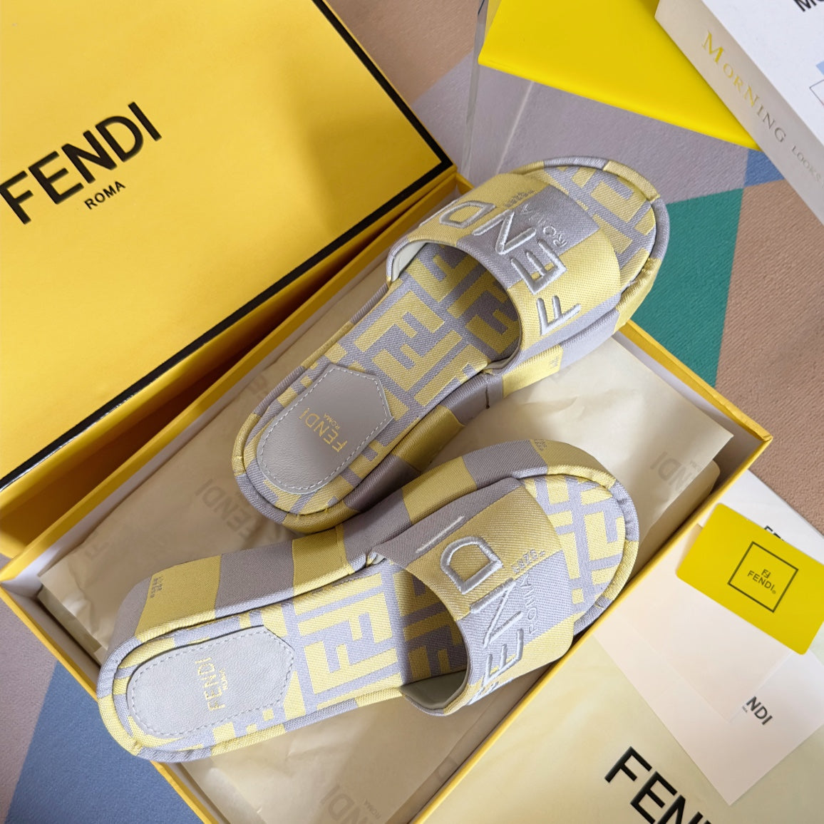 FENDI FF Sunshine 65 Yellow Grey Canvas Flatform Slide