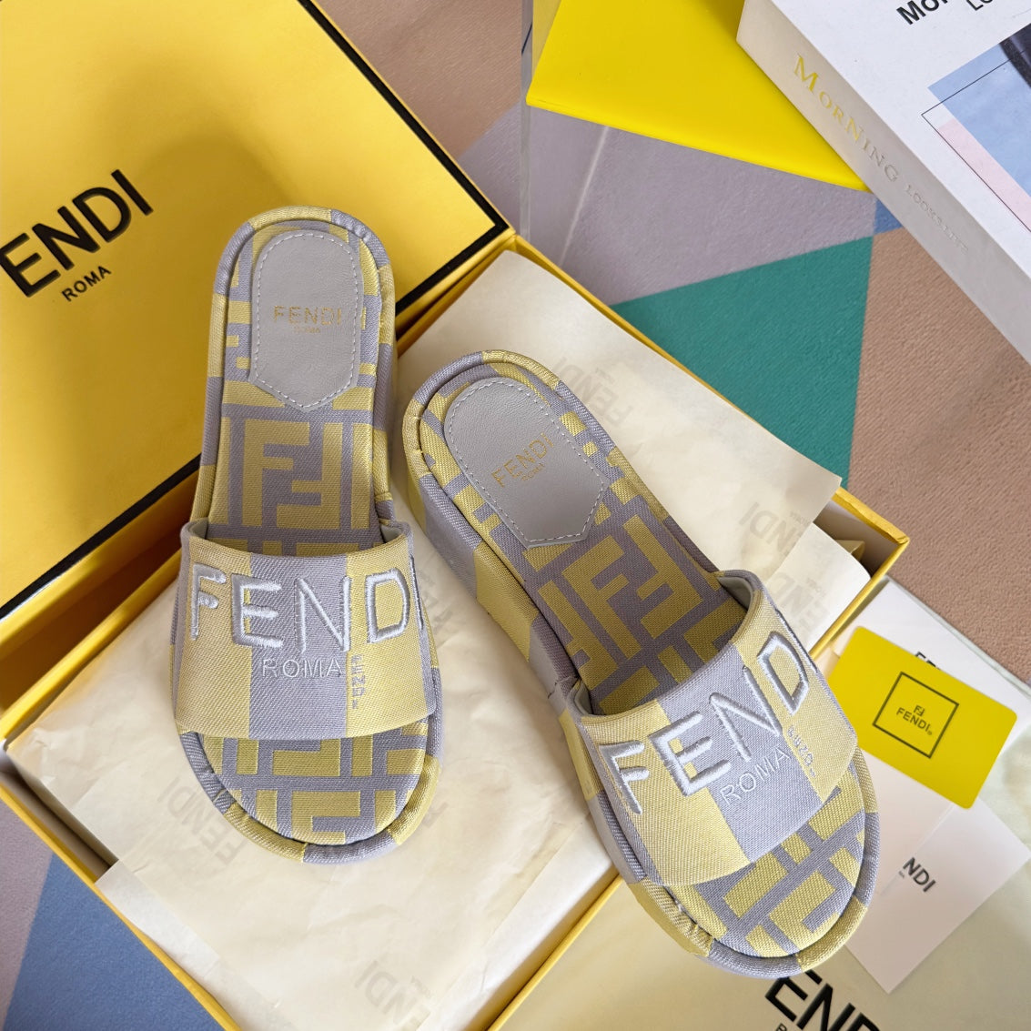 FENDI FF Sunshine 65 Yellow Grey Canvas Flatform Slide