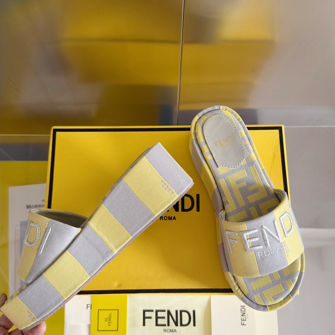 FENDI FF Sunshine 65 Yellow Grey Canvas Flatform Slide