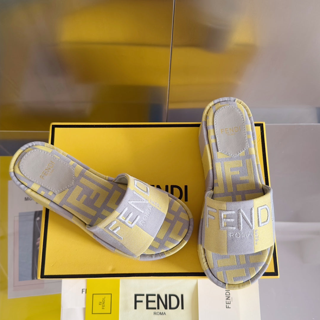 FENDI FF Sunshine 65 Yellow Grey Canvas Flatform Slide