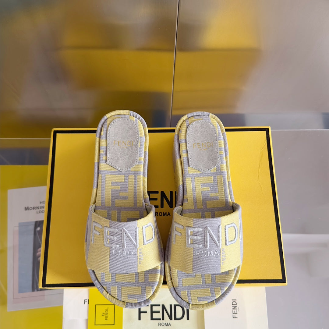 FENDI FF Sunshine 65 Yellow Grey Canvas Flatform Slide