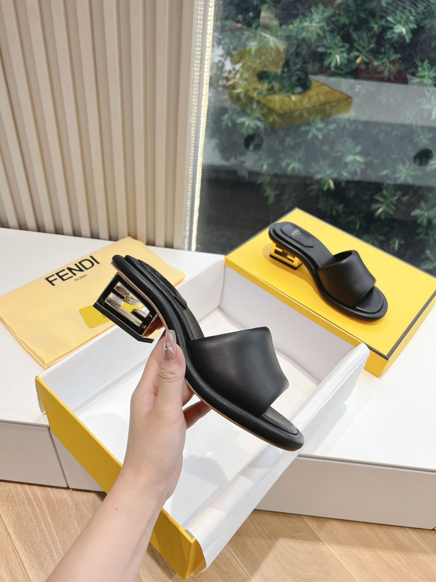 FENDI FF Baguette Slides Women 45 Nappa Leather Black