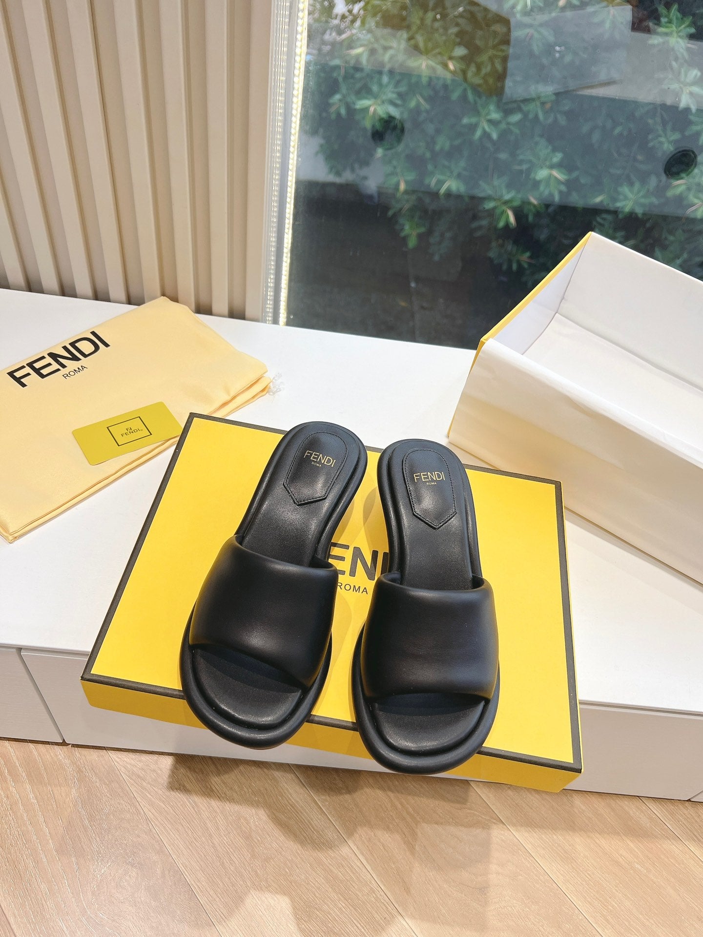FENDI FF Baguette Slides Women 45 Nappa Leather Black