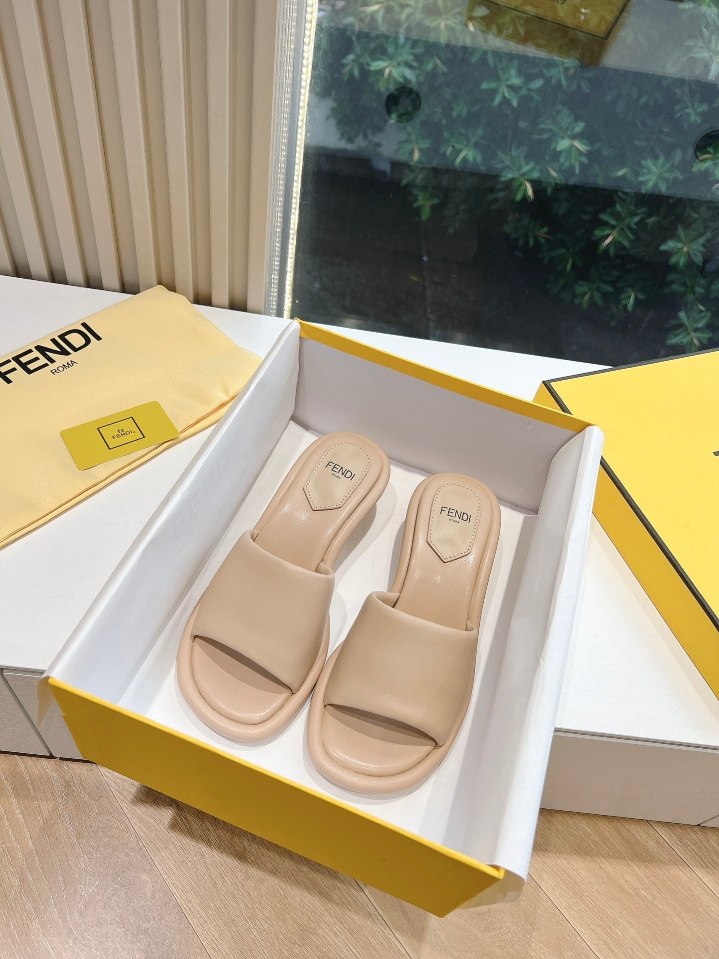FENDI FF Baguette Slides Women 45 Nappa Leather Beige