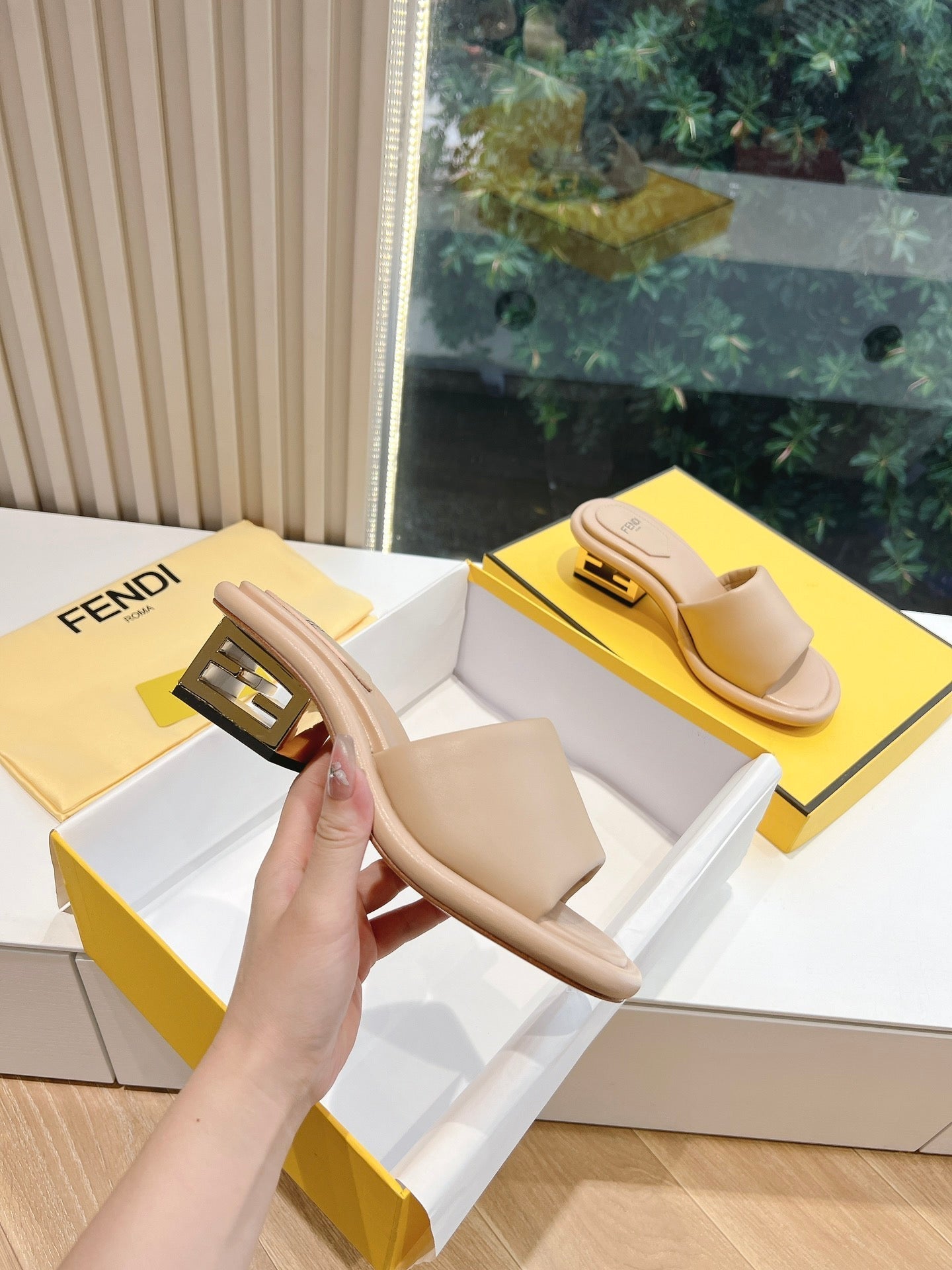 FENDI FF Baguette Slides Women 45 Nappa Leather Beige