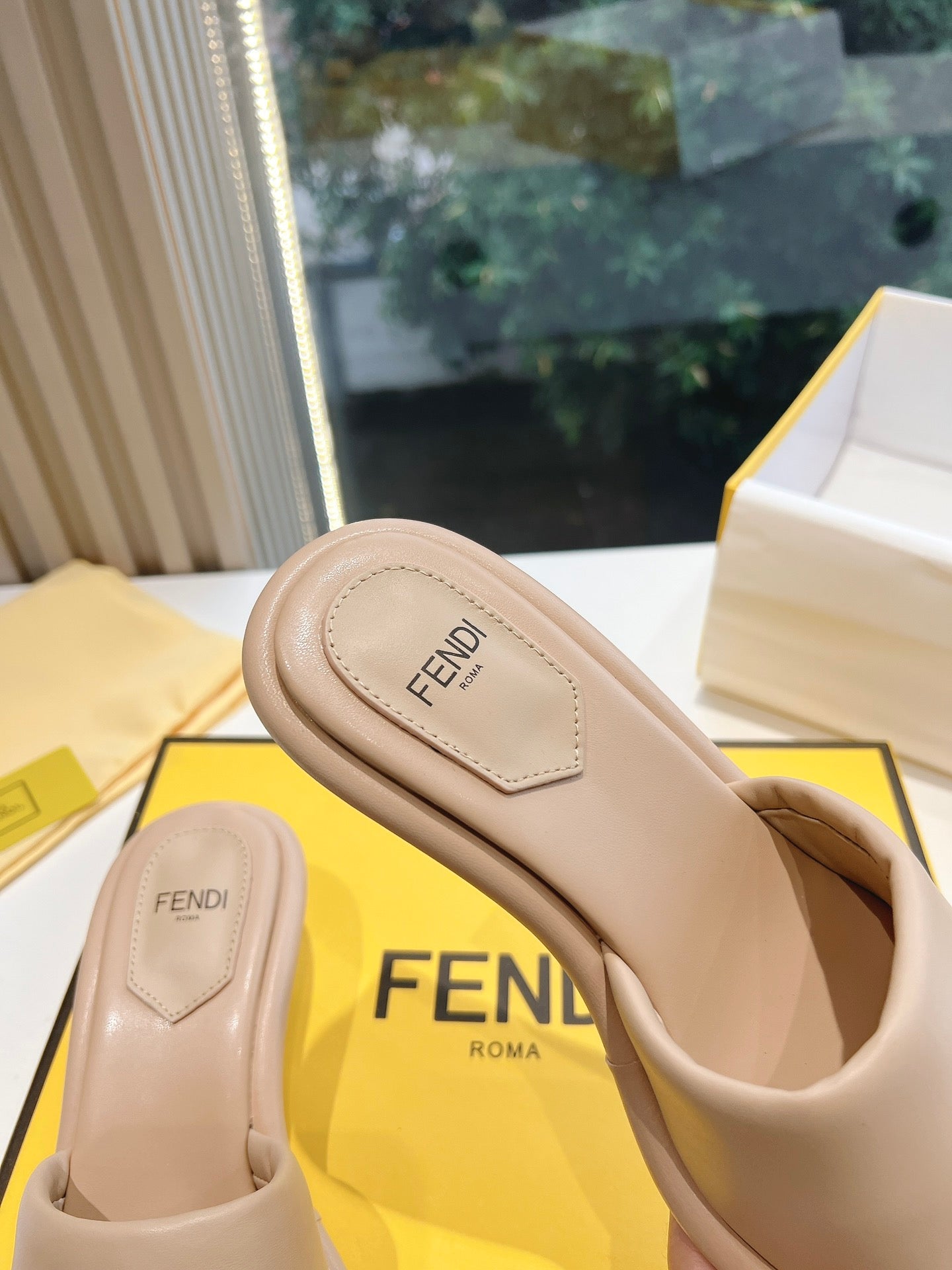 FENDI FF Baguette Slides Women 45 Nappa Leather Beige