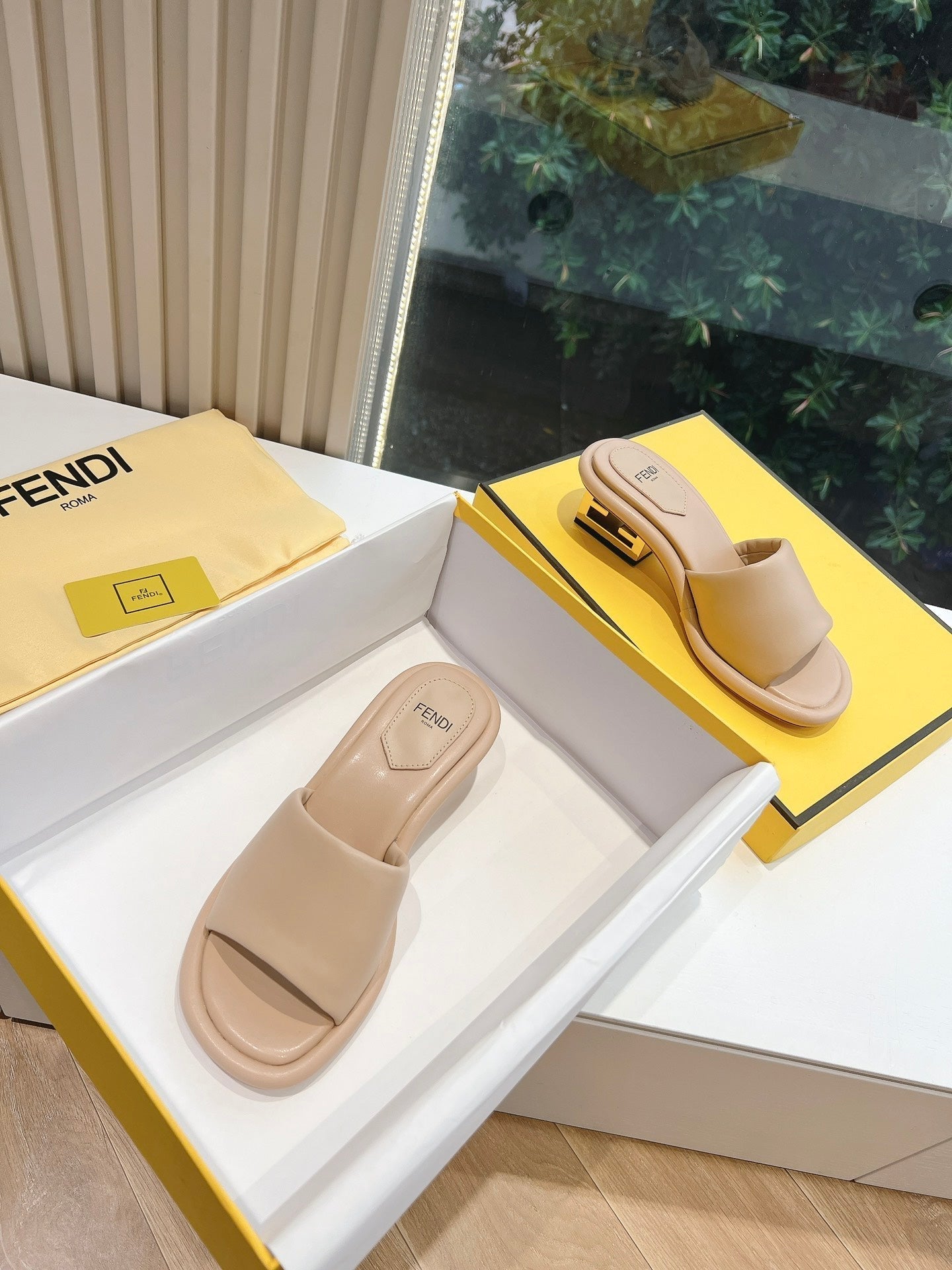 FENDI FF Baguette Slides Women 45 Nappa Leather Beige
