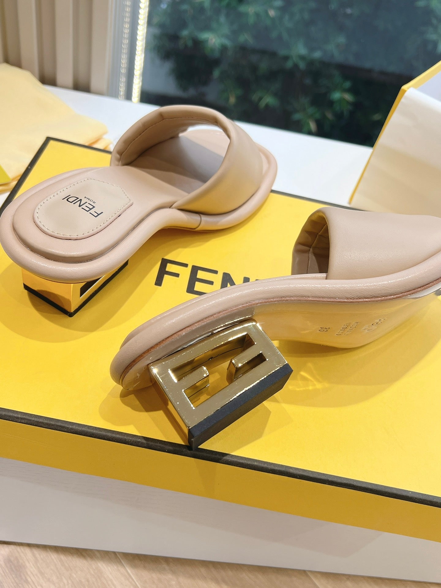 FENDI FF Baguette Slides Women 45 Nappa Leather Beige