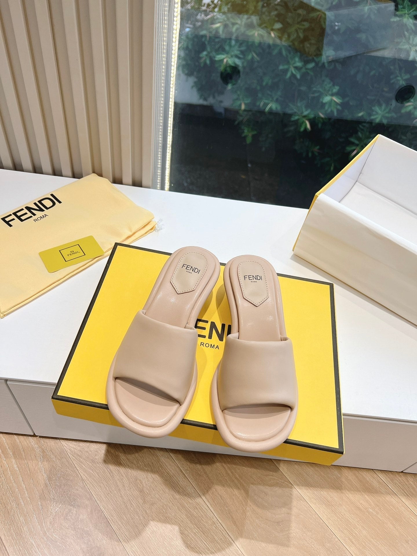 FENDI FF Baguette Slides Women 45 Nappa Leather Beige
