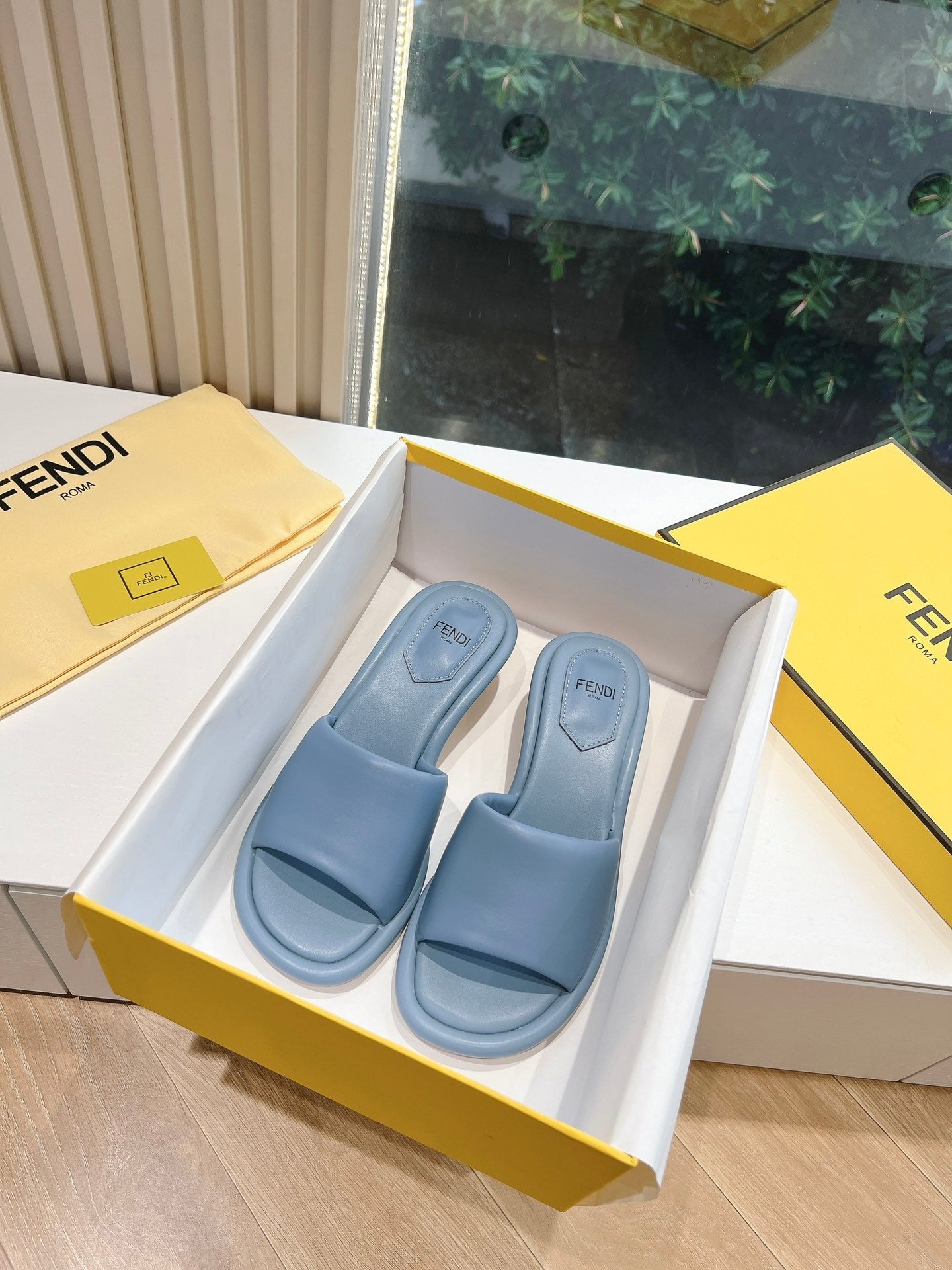 FENDI FF Baguette Slides Women 45 Nappa Leather Baby Blue