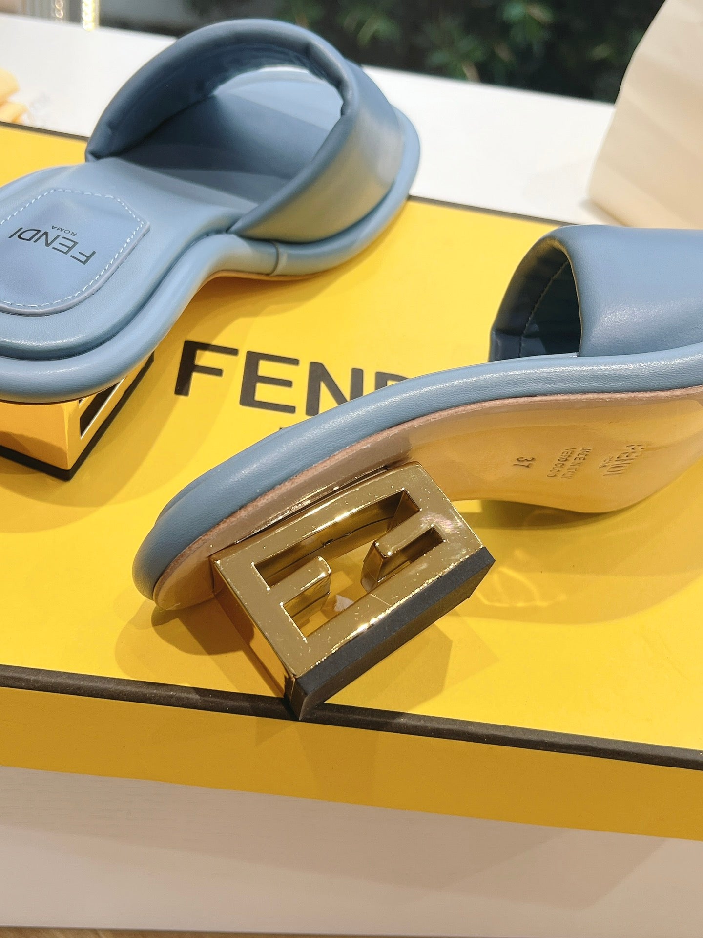 FENDI FF Baguette Slides Women 45 Nappa Leather Baby Blue