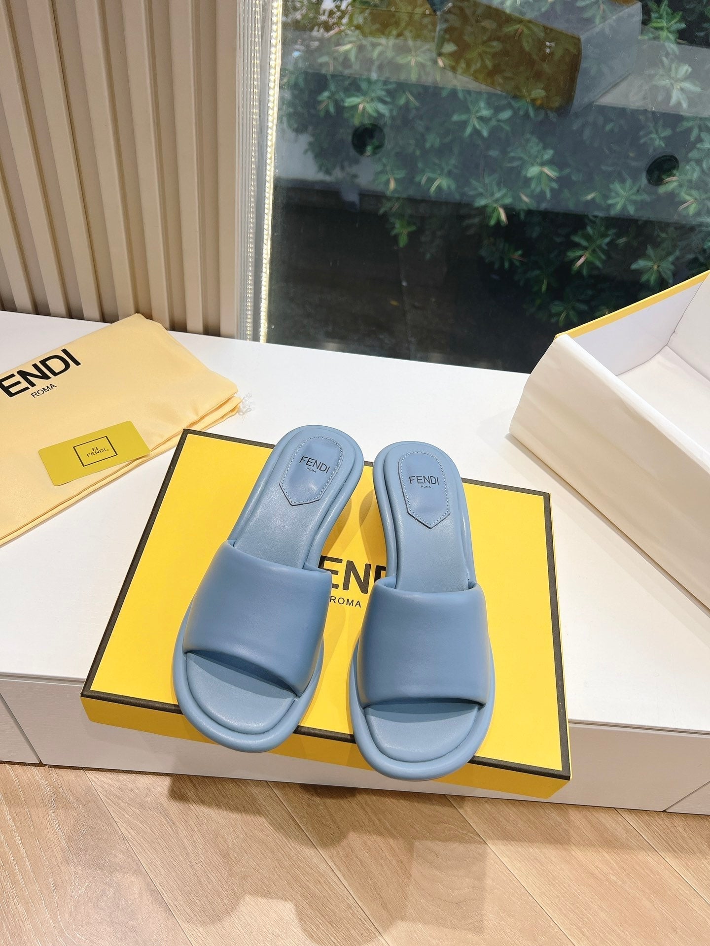 FENDI FF Baguette Slides Women 45 Nappa Leather Baby Blue