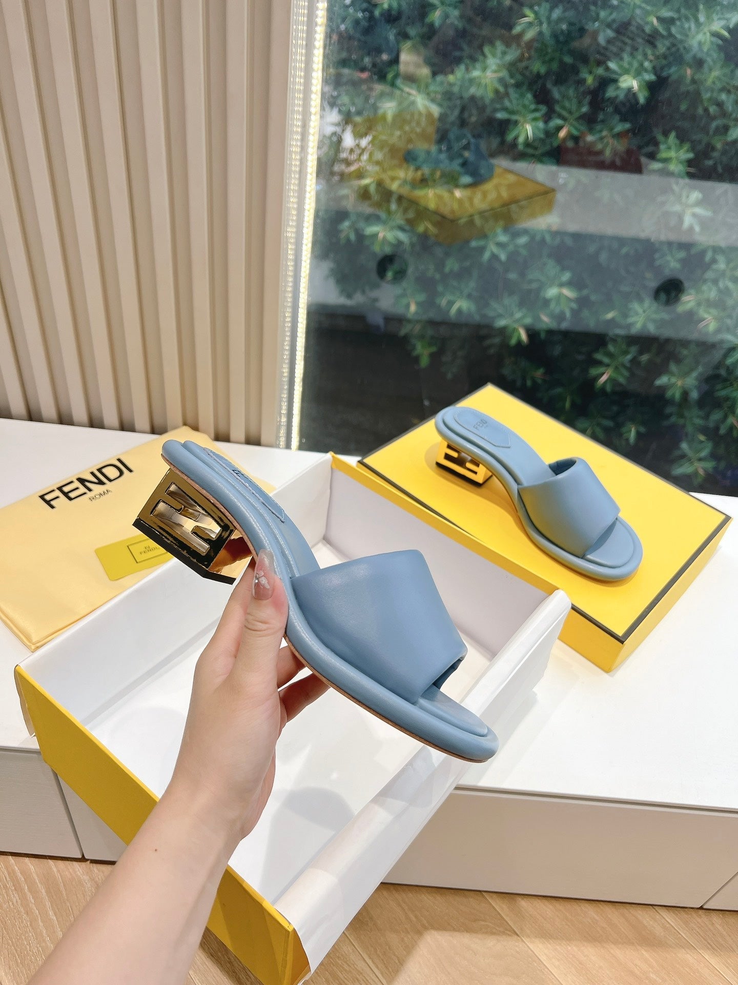 FENDI FF Baguette Slides Women 45 Nappa Leather Baby Blue