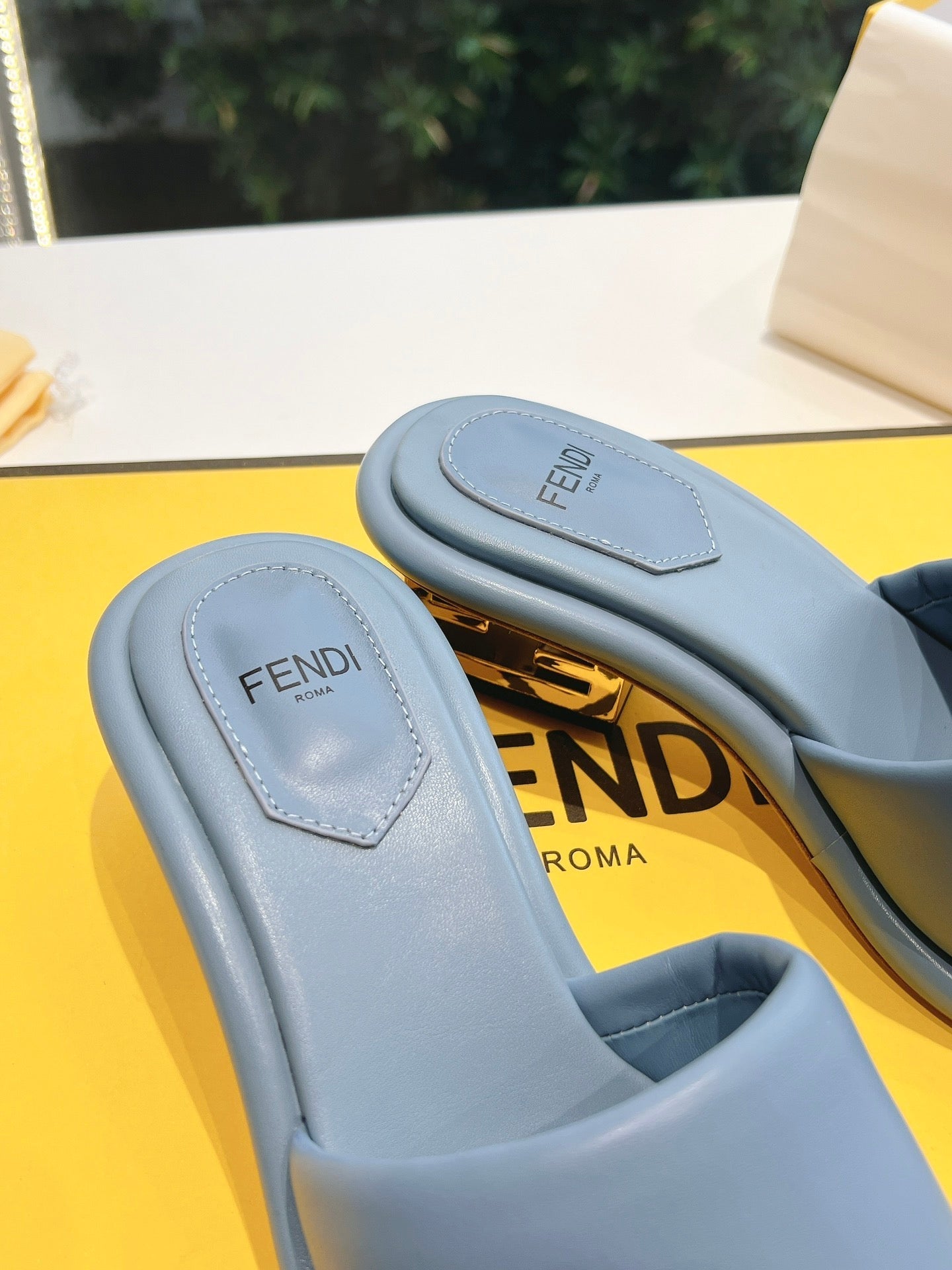 FENDI FF Baguette Slides Women 45 Nappa Leather Baby Blue
