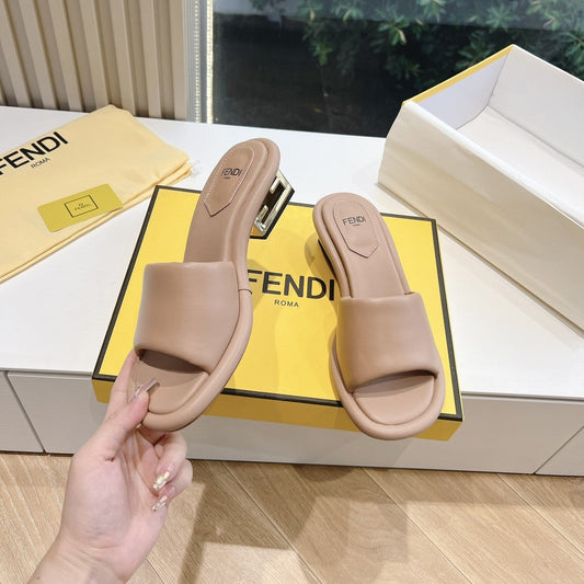 FENDI FF Baguette Slides Women 45 Nappa Leather Light Brown
