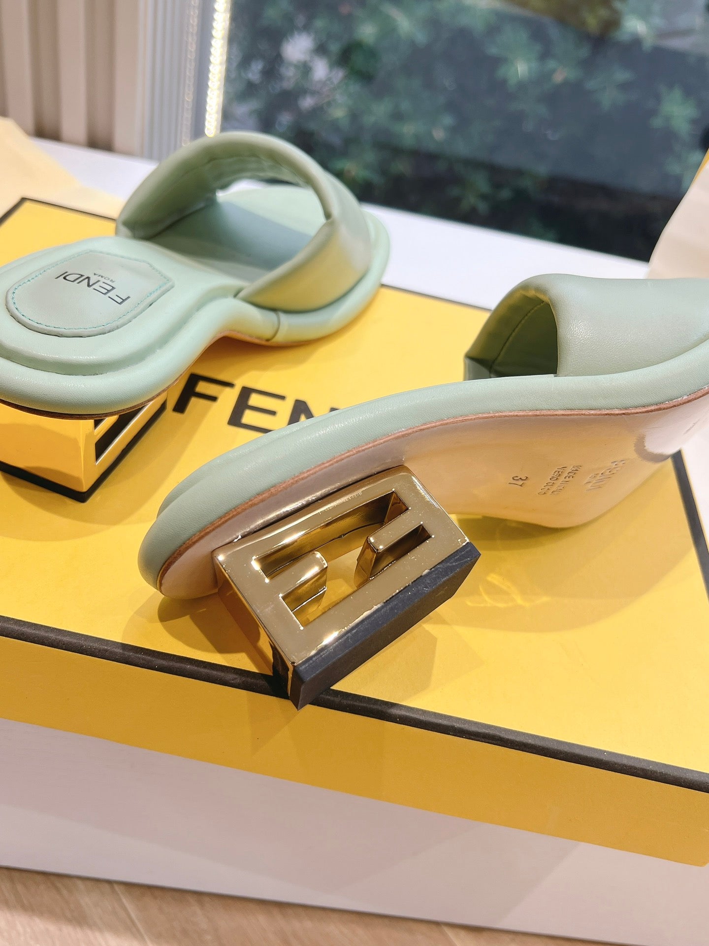 FENDI FF Baguette Slides Women 45 Nappa Leather Green
