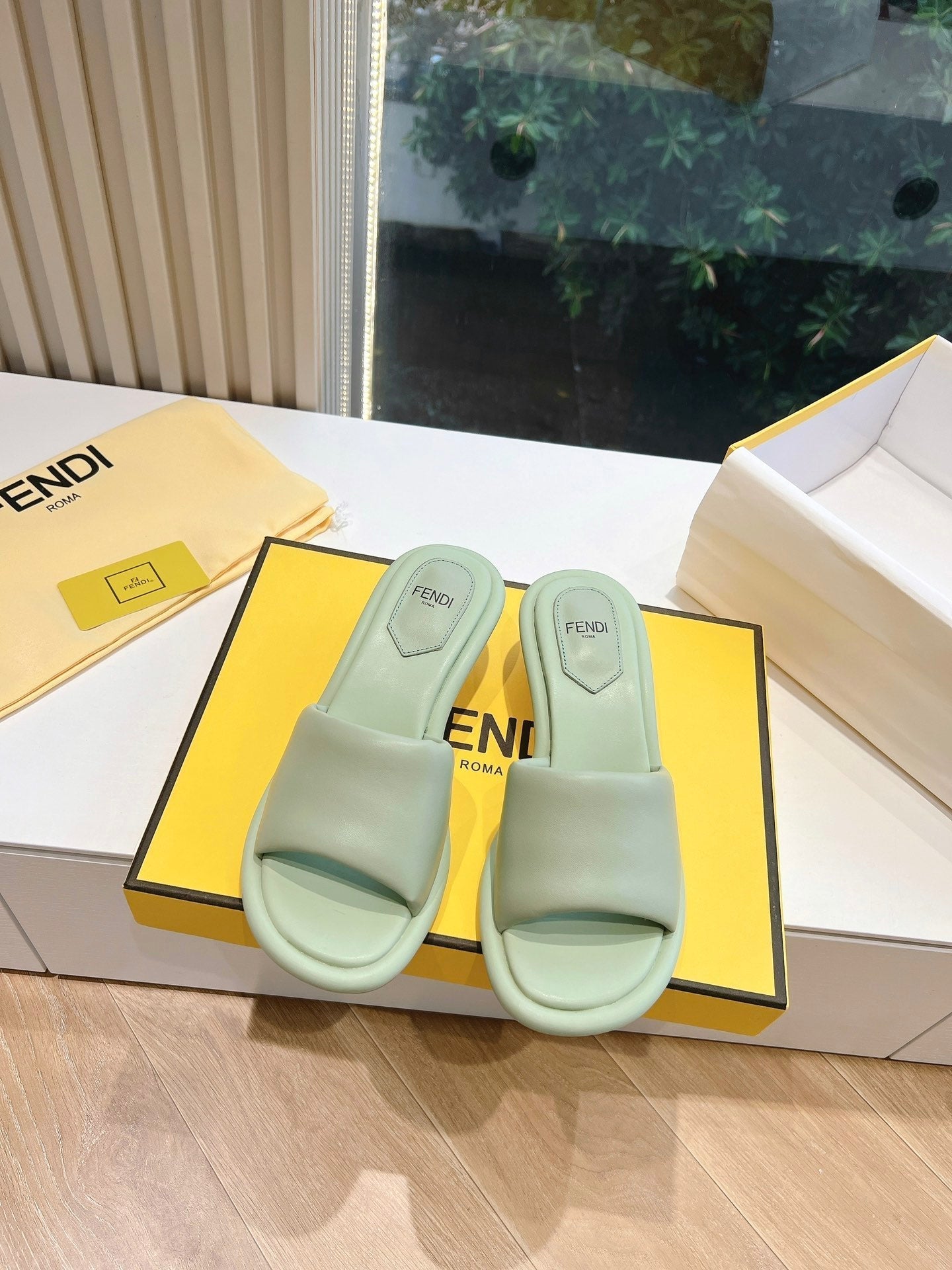 FENDI FF Baguette Slides Women 45 Nappa Leather Green
