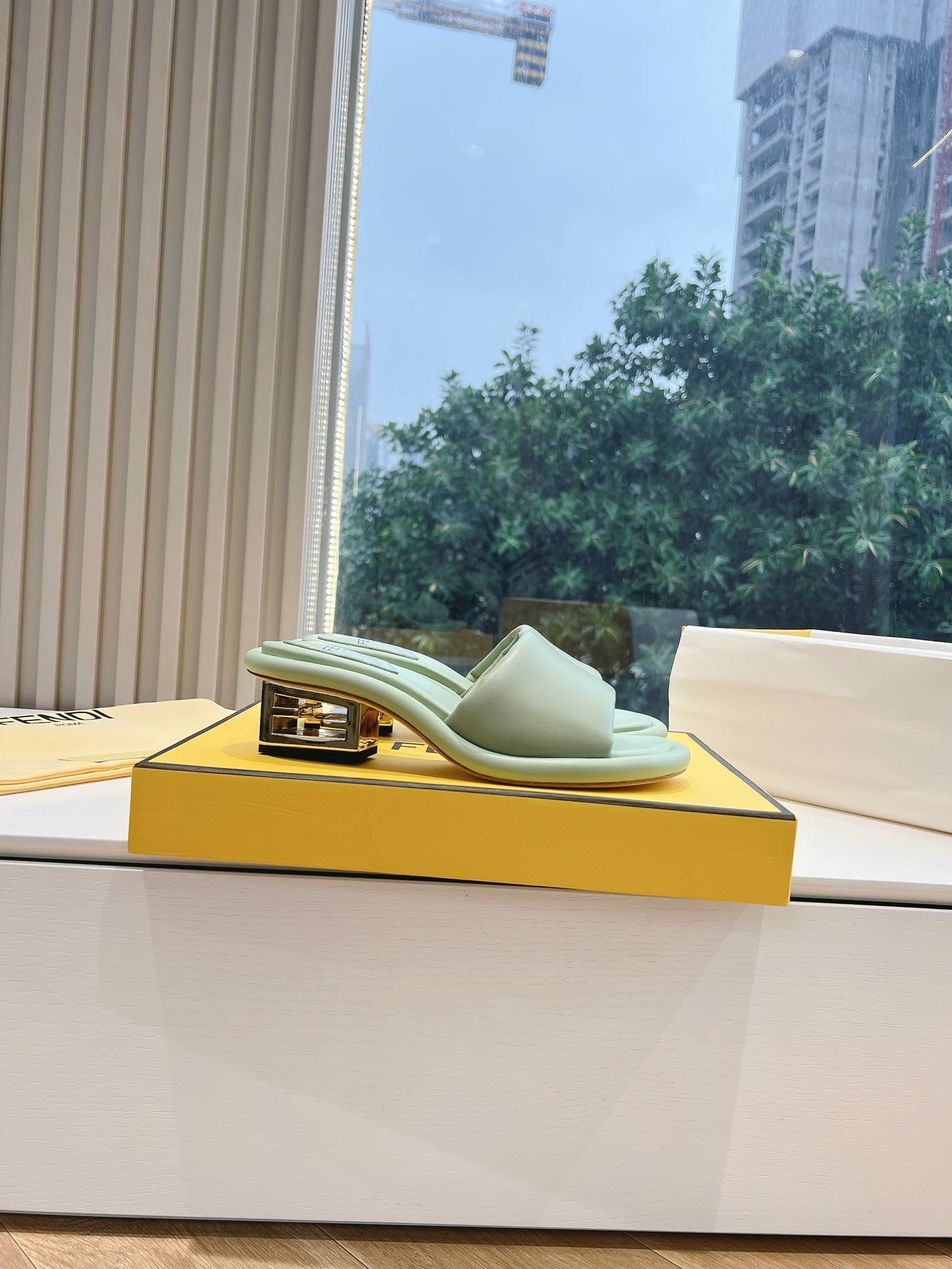 FENDI FF Baguette Slides Women 45 Nappa Leather Green