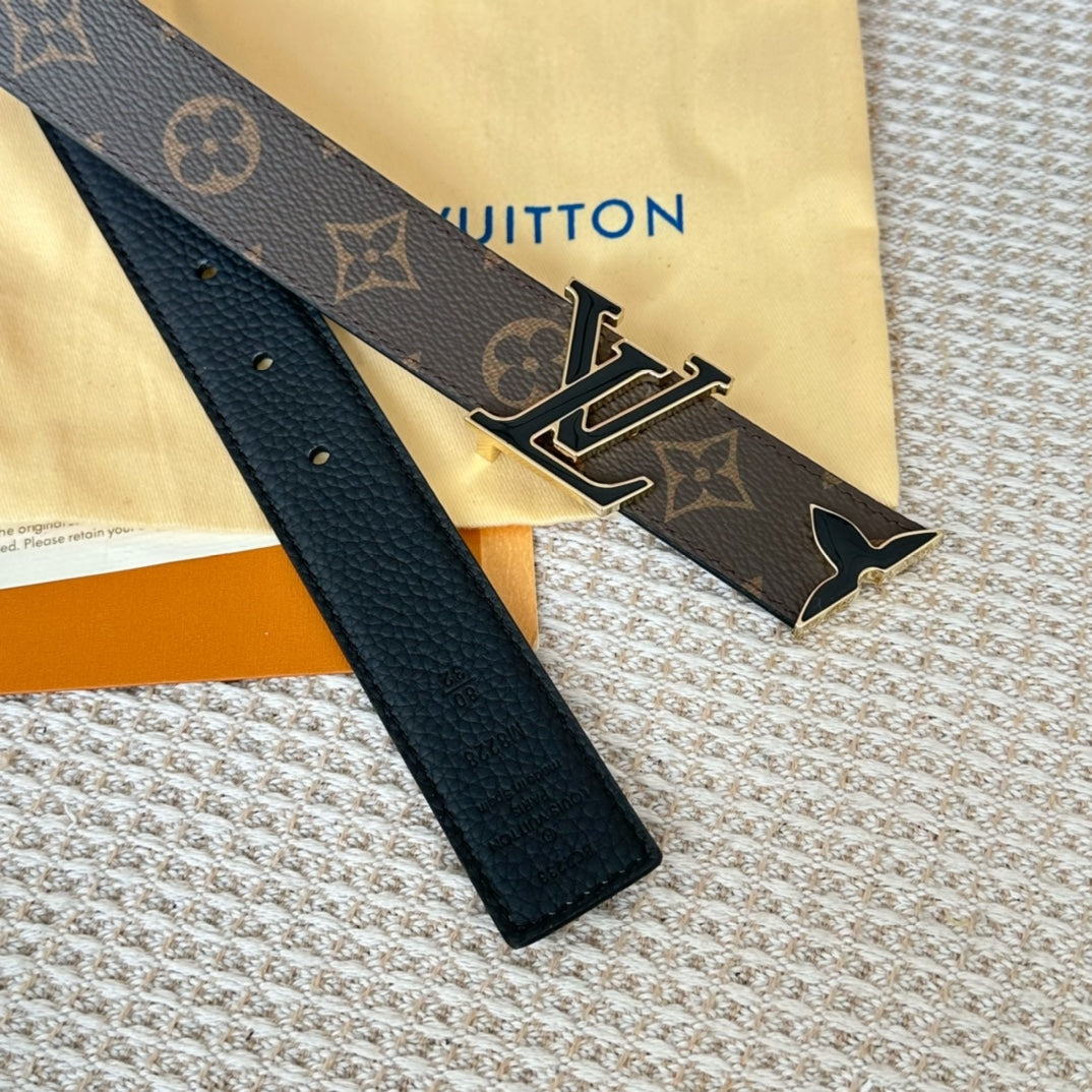 Louis Vuitton Pretty 30mm Reversible Belt Black Gold Buckle Black Brown Leather