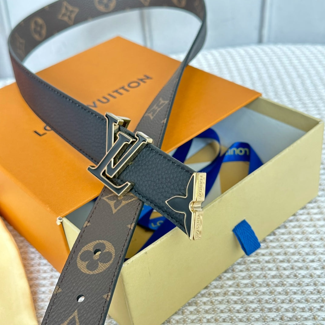 Louis Vuitton Pretty 30mm Reversible Belt Black Gold Buckle Black Brown Leather
