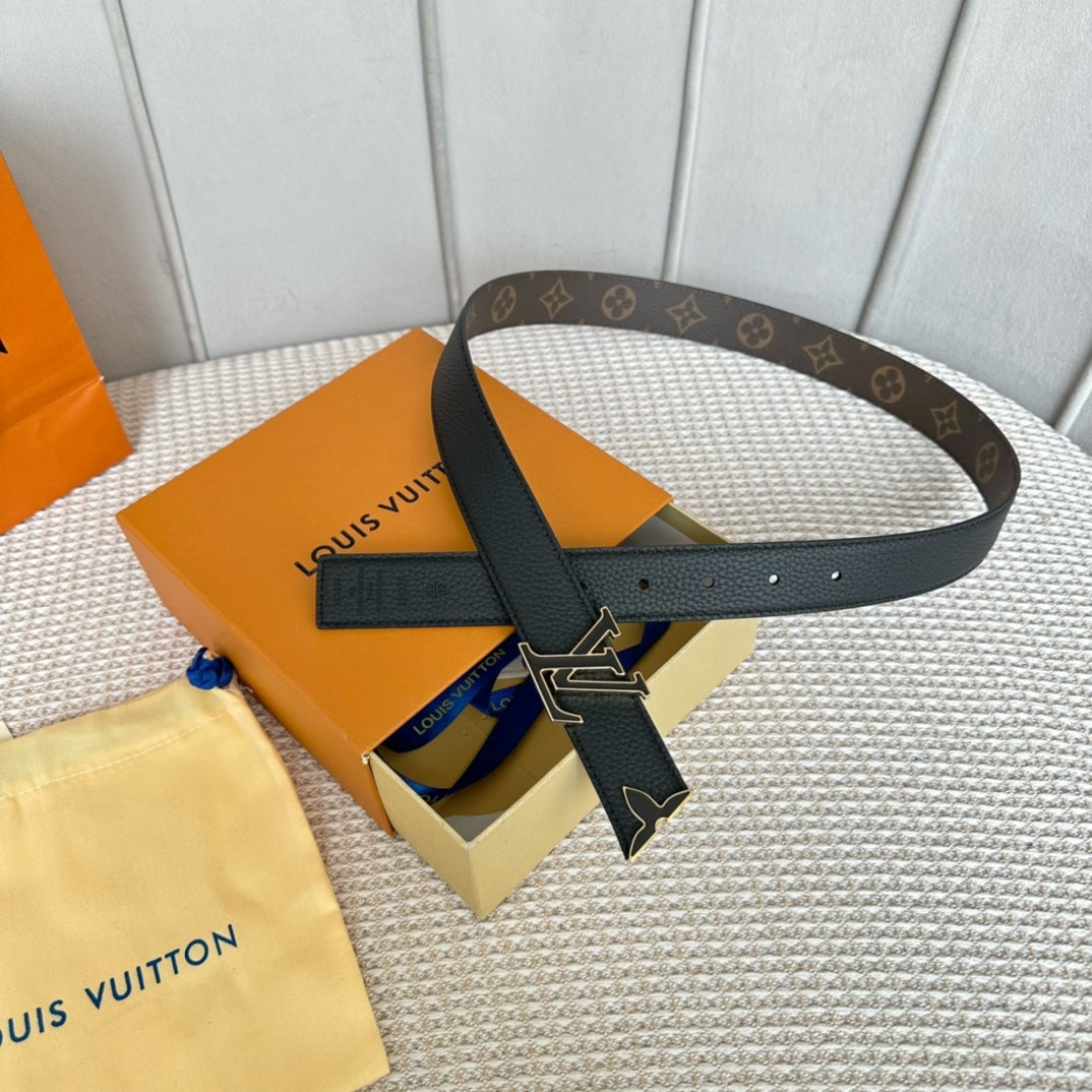Louis Vuitton Pretty 30mm Reversible Belt Black Gold Buckle Black Brown Leather