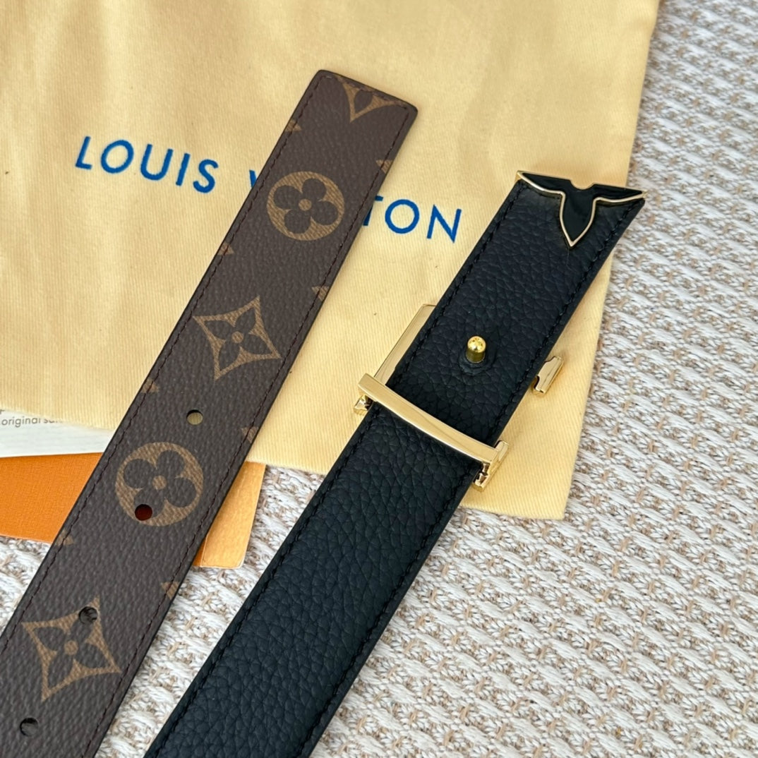 Louis Vuitton Pretty 30mm Reversible Belt Black Gold Buckle Black Brown Leather
