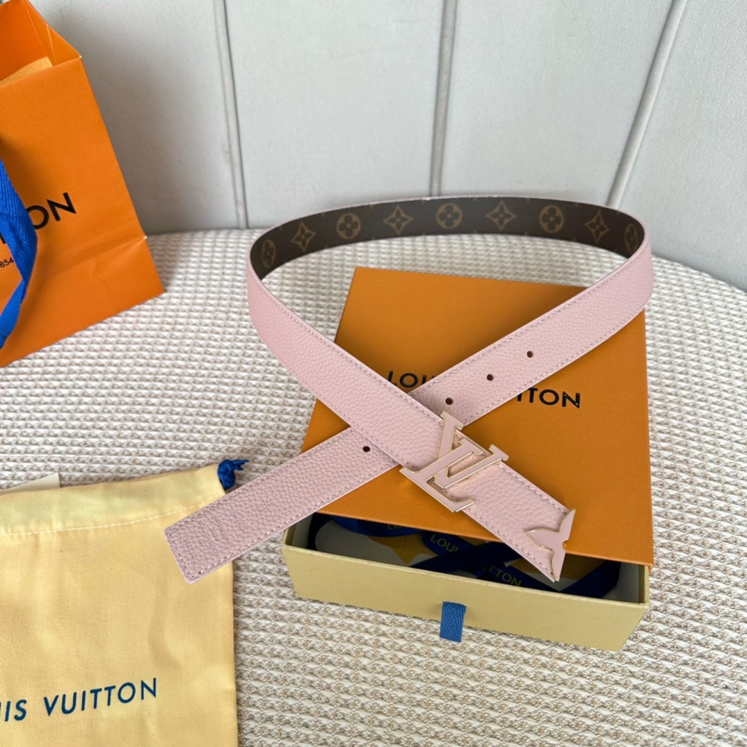 Louis Vuitton Pretty 30mm Reversible Belt Pink Gold Buckle Pink Brown Leather