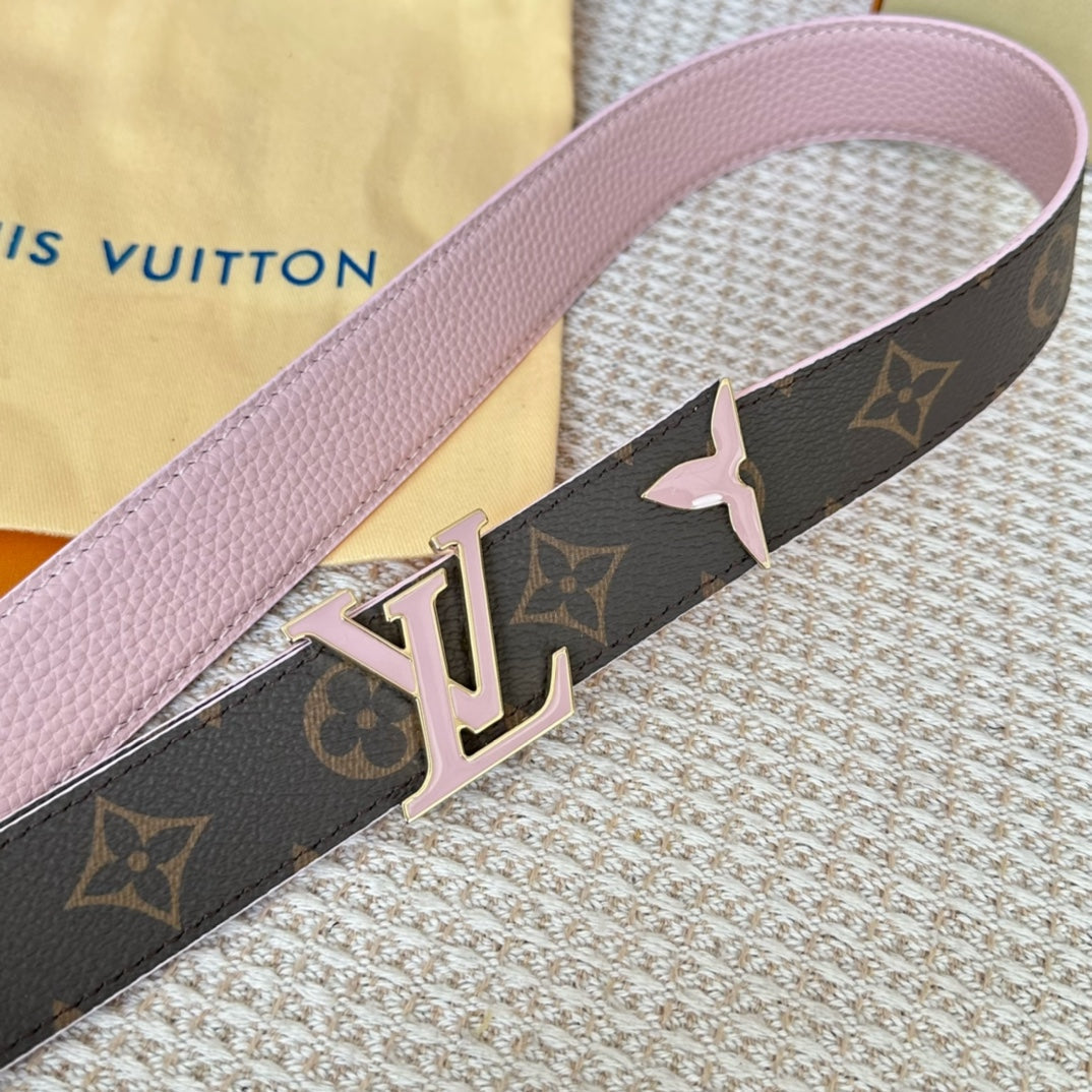 Louis Vuitton Pretty 30mm Reversible Belt Pink Gold Buckle Pink Brown Leather